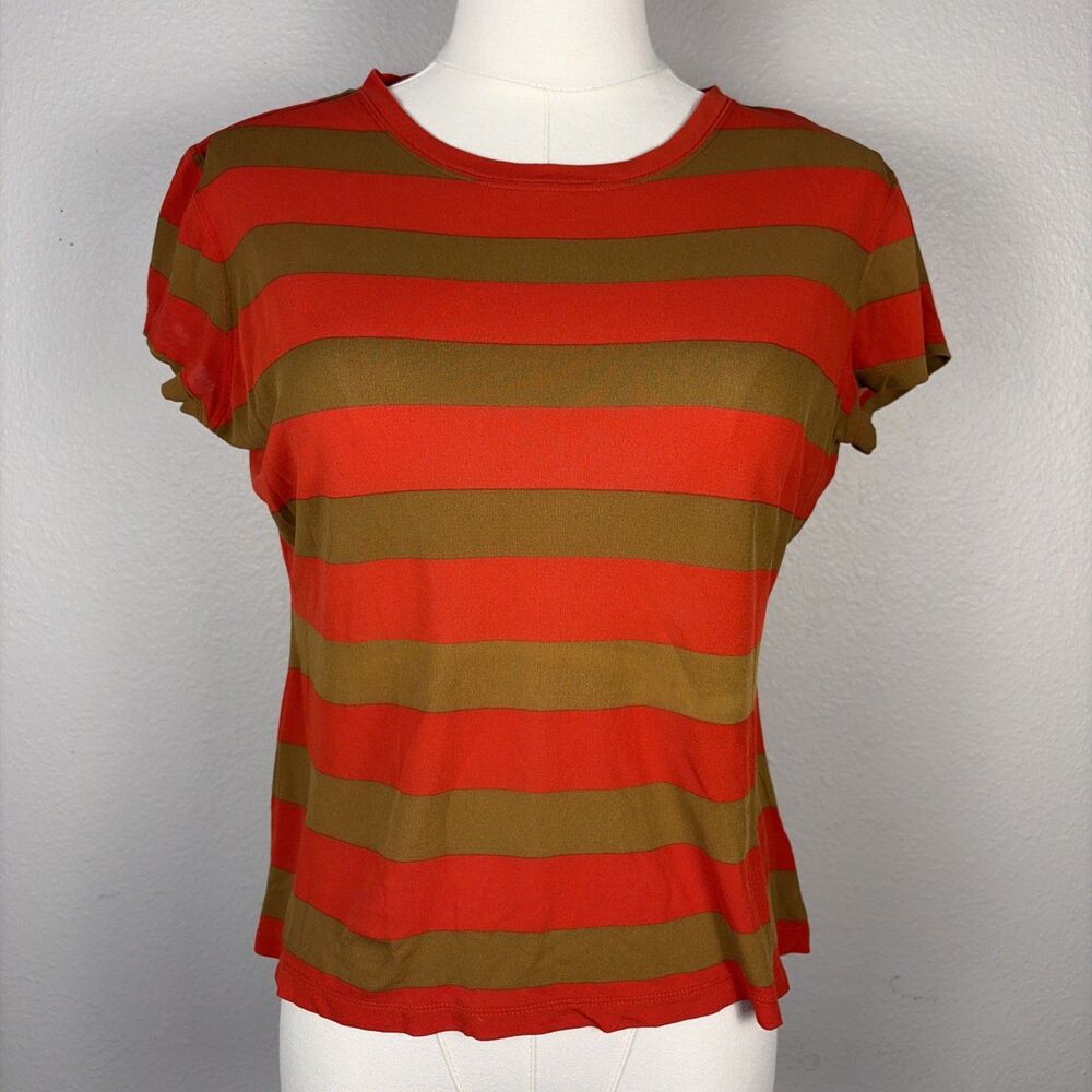 Charles Nolan Vintage Womens Silk T-Shirt Small Stripe Brown Red Stretch Boxy